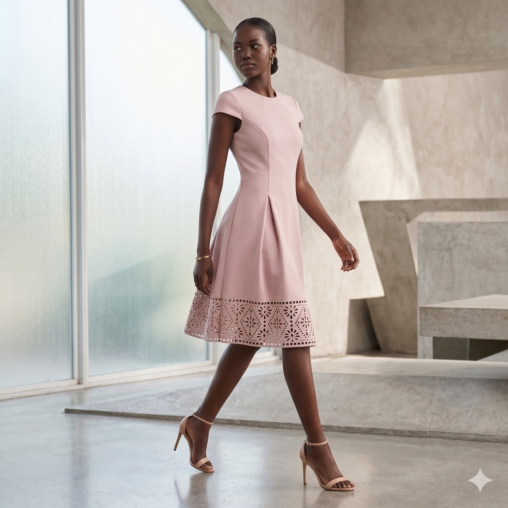 Vince Camuto Blush Pink Fit-and-Flare Midi Dress with Laser-Cut Hem